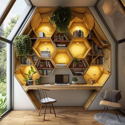 Introducing our hexagonal biophilic bookshelf: a sustainable, modular design inspired by nature. Crafted with organic geometry and earthy tones, it offers versatile storage while bringing the outdoors in, creating a tranquil and harmonious space. Conceptual AI Art Follow @ecosapiens for more! Earthy Bookshelf, Organic Geometry, Design Inspired By Nature, Bali House, Modular Design, Interior Ideas, Inspired By Nature, Earthy Tones, The Outdoors