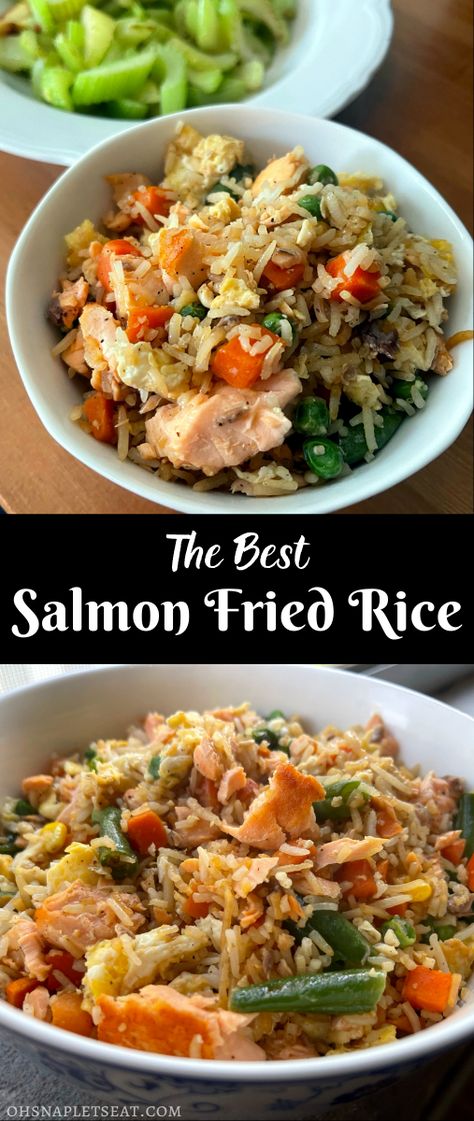 Salmon Egg Fried Rice, Teriyaki Salmon Fried Rice, Fried Rice With Salmon On Top, Salmon And Jasmine Rice, Salmon Rice Veggies, Fried Rice With Salmon, Salmon Stir Fry Rice, Salmon Over Rice Recipes, Salmon Rice Recipes Dinners