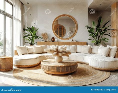 Modern Coastal Living Room, Wooden Mirror Frame, Coastal Living Room, Curved Sofa, Rattan Chair, Modern Coastal, Framed Mirror Wall, Round Coffee Table, Coastal Living