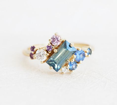 Baguette Sapphire Cluster Ring Unique Teal Sapphire | Etsy Sapphire Cluster Ring, Quality Rings, Ring Cluster, Multi Gemstone Ring, Teal Sapphire, Ring Trends, Cluster Engagement Ring, Morganite Engagement, Morganite Engagement Ring