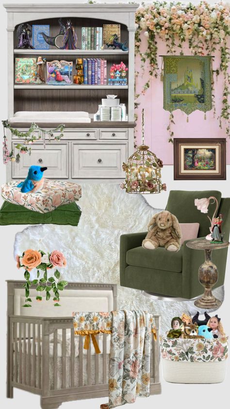 Sleeping Beauty Nursery #sleepingbeauty #princessaurora #disneynursery #disney #nurseryinspo #nursery Old Disney Nursery, Girls Disney Nursery, Sleeping Beauty Nursery, Nursery Moodboard, Wonderland Nursery, Disney Princess Nursery, Princess Nursery, Disney Nursery, House Aesthetic