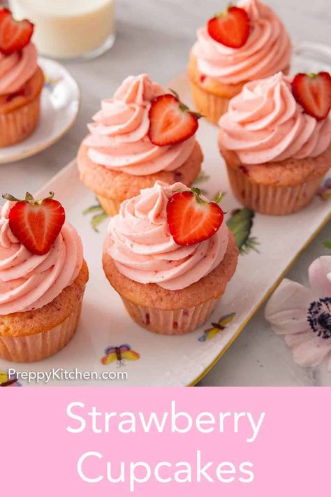 Soft, fluffy, and moist, these fresh Strawberry Cupcakes will melt in your mouth! Easily made from scratch, these cupcakes are filled with fresh strawberries and topped with a beautiful pink strawberry frosting. These cupcakes are bursting with strawberry flavor and are perfect for any occasion. Simple Strawberry Cupcakes, Strawberry Cupcakes With Buttercream Frosting, Best Strawberry Cupcakes Ever, Berry Cupcakes Recipes, The Best Strawberry Cupcakes, Strawberry Cupcake Recipes From Box Cake Mixes, Strawberry Pineapple Cupcakes, Strawberry Birthday Cupcakes Ideas, Real Strawberry Cupcakes