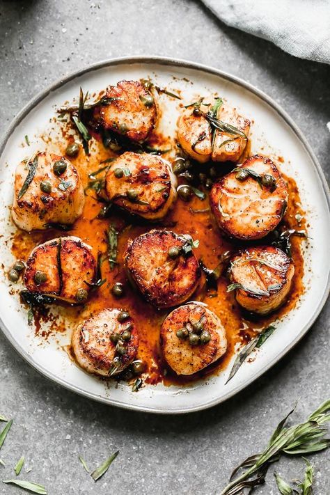 If you're a fan of scallops, then trust me, you NEED to make these Brown Butter Scallops with Tarragon. They are seared in nutty brown butter until ultra crispy, and then bathed in the same brown butter plus lots of lemon juice and plenty of tarragon.  Even better? You only need five simple ingredients to make this restaurant-quality meal. Brown Butter Scallops, Butter Scallops, Seafood Dinner Recipes, Savory Food, Easy Seafood, Shellfish Recipes, For Keeps, Iron Chef, Salmon Dinner