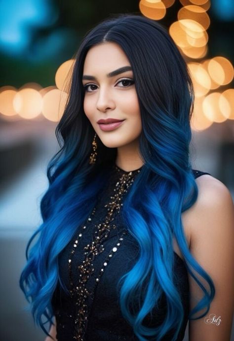 Royal Blue Ombre Hair, Blue Picaboo Hair, Cute Hair Ideas For Prom, Blue Baylage Hair Dark, Dark Brown Hair With Blue Highlights, Black Hair With Blue Streaks, Black To Blue Ombre Hair, Hair Colors Blue, Blue Balayage Hair