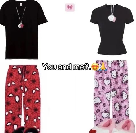 Hello Kitty And Spiderman Pjs, Hello Kitty Matching Pjs Couple, Matching Spiderman Outfits, Hello Kitty Pjs Couple, Bf And Gf Matching Pjs, Hello Kitty Matching Pjs, Bf And Gf Matching Outfits, Cute Matching Pjs, Cute Matching Outfits For Couples