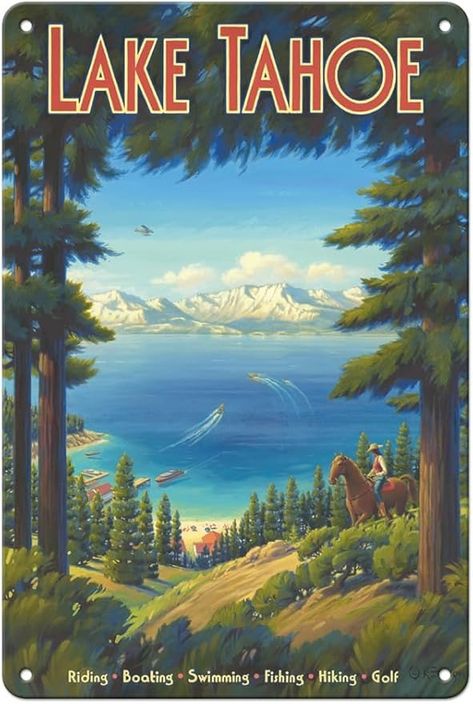 Amazon.com: Pacifica Island Art Lake Tahoe California - Riding Boating Swimming Fishing Hiking Golf - Vintage Travel Poster by Kerne Erickson - 8 x 12 inch Vintage Metal Tin Sign: Posters & Prints Lake Tahoe California, Travel Ads, 수채화 그림, Cat Air, Photo Vintage, Vintage Poster Art, Sierra Nevada, California Travel, Vintage Travel Posters