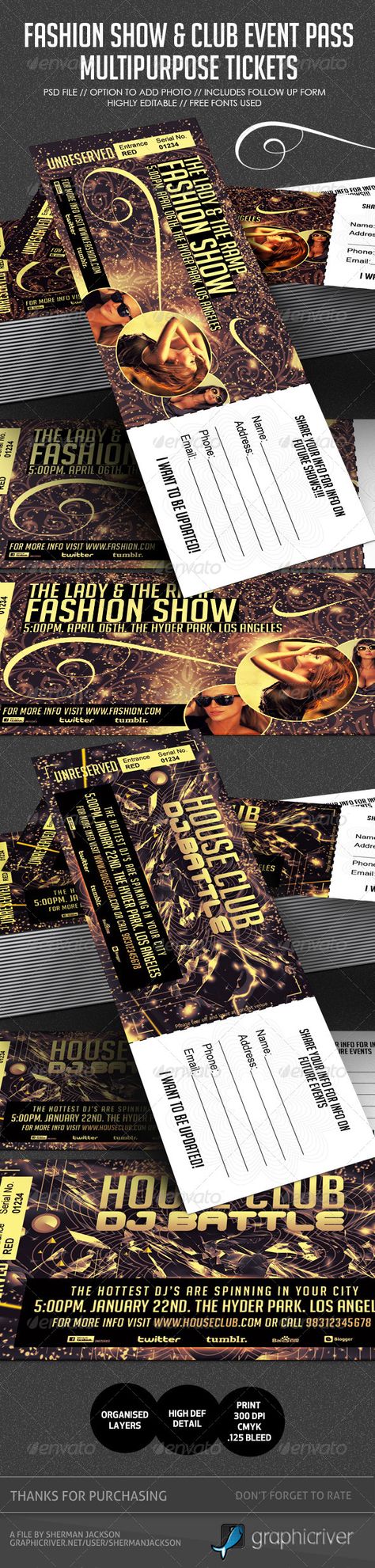 Presenting to you the ultimate Fashion Show & Club Event multipurpose passes/tickets which are perfectly designed to give your eve Fashion Show Ticket, Event Ticket Website Design, Dinner Party Ticket Design, Fall Fashion Runway, Jennifer Lawrence Red Carpet, Ticket Design, Event Flyers, Club Style, Spring Fashion Trends