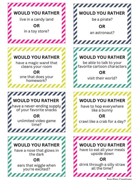 Ever find yourself at a loss for words during a conversation? Look no further! Our free printable list of Would You Rather questions will spark laughter, uncover hidden truths, and create memorable moments. Pin it now and bring the fun to your next gathering! Hard Would You Rather, Funny Would You Rather, Fun Printables For Kids, Bungee Jump, Famous Inventors, Would You Rather Game, Questions For Kids, Rather Questions, Cut And Paste Worksheets