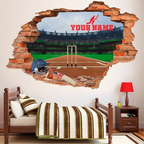 Cricket Wall Decal, Personalized, Cricket Field Wall Sticker, Sport, Your Name, Removable Vinyl Sticker, Wall Art, Decor Cricket Field, 3d Wallpaper Design, Sticker Wall, Kids Area, Wallpaper Design, Sticker Wall Art, 3d Wallpaper, Sports Theme, Rooms Home Decor