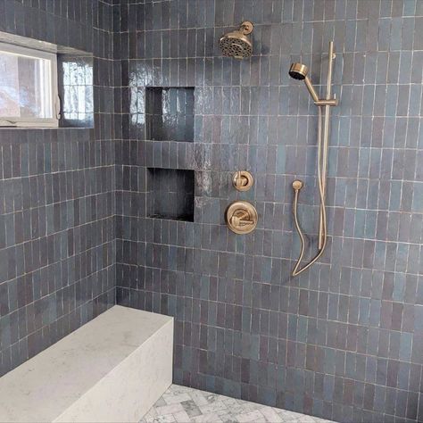 Zia Tile on Instagram: “Vertically installed Graphite Grey 2x6 zellige looking absolutely glorious in this shower install from @solsticeinteriors 😎⁣ ⁣ ⁣ #ziatile…” Zellige Tile Bathroom, Happy Super Bowl, Zia Tile, Moroccan Zellige, Tiles Handmade, Zellige Tiles, Zellige Tile, Encaustic Cement Tile, Moroccan Tile