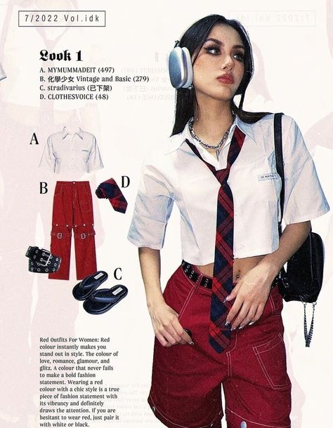 all rights to owner Red Acubi Fashion, Dpr Outfits, Red Outfits For Women, Light Academia, Kpop Fashion Outfits, Fashion Lookbook, Mode Vintage, Stage Outfits, Kpop Outfits