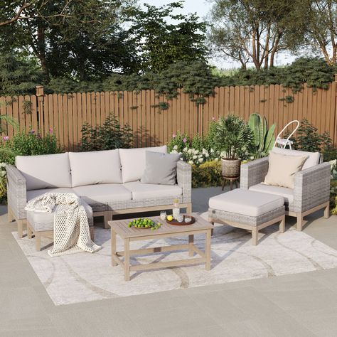 6-Person Outdoor Patio Conversation Furniture Set with Acacia Wood Coffee Table Outdoor Furniture Small Patio, Conversation Furniture, Serene Garden, Wicker Patio Furniture Set, Outdoor Conversation Sets, Coffee Table Grey, Wicker Patio Furniture, Solid Wood Coffee Table, Nursery Furniture Sets