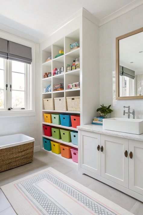 Incorporate smart storage solutions to keep the bathroom organized. Use open shelving for easy access to toys and bath products, and colorful bins to make tidying up fun. Ensure that storage is at a height accessible to children. Bathroom Toy Storage Ideas, Bathroom Toy Storage, Kids Bathroom Storage, Bath Toy Storage, Colorful Storage, Bath Toy, Organization Kids, Smart Storage, Bath Products