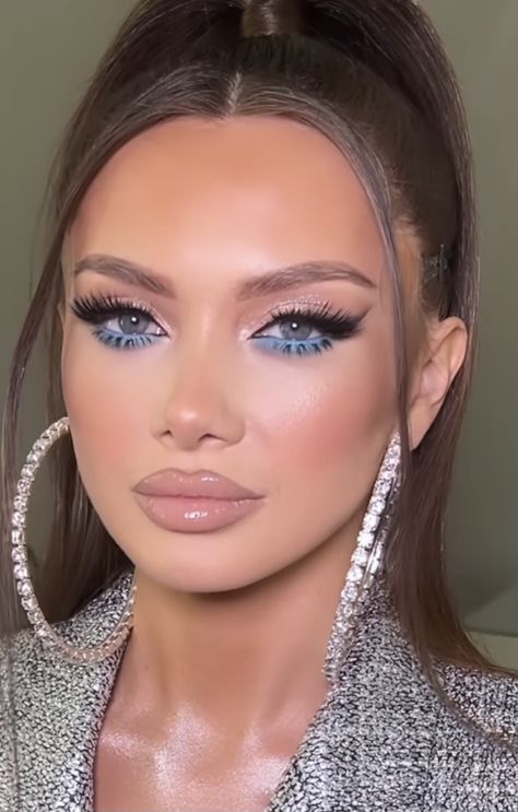 Blue Makeup Looks Green Eyes, Makeup With Dusty Blue Dress, Makeup For Powder Blue Dress, Blue Dress Outfit Makeup, Blue Soft Makeup Looks, Light Blue Under Eye Makeup, Makeup To Match Light Blue Dress, Denim And Diamonds Makeup, Dusty Blue Dress Makeup Look