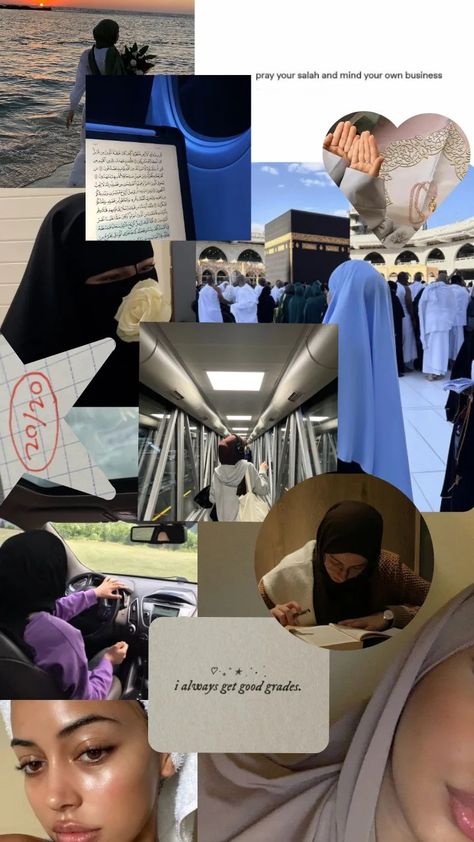 The best vision board for a muslim girl who wears the hijab or the niqab who would love to be gorgeous, to have glass skin ,get her license, have good grades ,intelligent ,love to travel the world and especially makkah ,also she on her deen do prayers on time read quran and super close to 'الله 
May 'الله guide is on the right path sisters 🤍🤍🤍 Vision Board Islamic Aesthetic, Vision Board Muslimah, 2024 Vision Board Islam, 2024 Vision Board Muslim, Quran Vision Board, Muslim Vision Board Aesthetic, Hijabi Vision Board, Muslimah Vision Board, Islam Vision Board