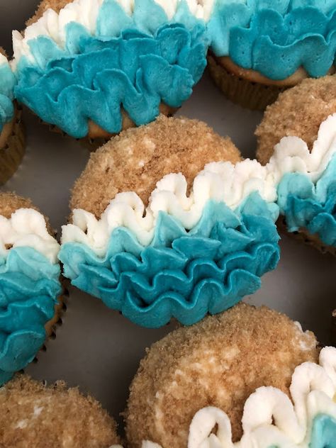 Ocean Waves Cupcakes, Wave Cupcakes Ocean, Surf Themed Cupcakes, Beach Pull Apart Cupcake Cake, Water Theme Cupcakes, Ocean Cupcake Cake, Beach Birthday Cupcakes, Beach Theme Cupcakes Birthday, River Cupcakes