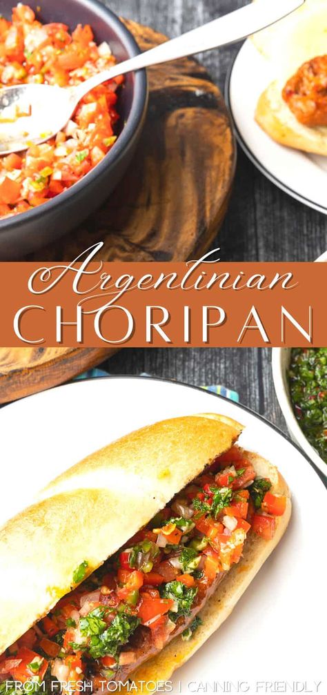 Argentinian Choripan Chorizo Sandwich, Chimichurri Salsa, Fiesta Recipes, On A Bun, Sausage Bread, Chimichurri Recipe, Chorizo Recipes, Grilled Sausage, Chorizo Sausage