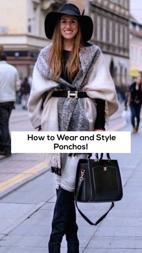 Flannel Poncho Outfit, How To Belt A Poncho, Poncho Winter Outfit, Poncho Styling Ideas, How To Wear Ponchos Outfits Fall, How To Style Poncho, Belted Poncho Outfit, How To Wear A Poncho Shawl, Styling A Poncho