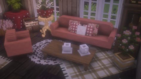 another pink living room! It's funny how different my style is in Minecraft from real life, as I love this really pink, girly style in Minecraft, but in real life I prefer a lot of oranges and greens. A sort of boho style . . . . #minecraft #mizunos16craft #hananacraft #minecraftcottage #cottagecoreaesthetic #cottagecoreminecraft #minecraftbuilds #minecraftroom #minecraftscreenshot Living Room Ideas Pink, Minecraft Living Room Ideas, Room Ideas Pink, Lace Rug, Minecraft Living Room, Aesthetic Minecraft Builds, Cottagecore Minecraft, Minecraft Cottage, Minecraft Room