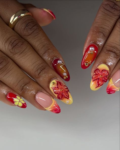 💋🌼🌹✨❤️‍🔥 inspo: @nailsbykims @shopagaloreco products used: *bonding base *buff structure gel *canary, chili pepper, sangria *bling gel *diamond steel top coat use code ‘ALEXIA10’ at checkout 🤎 #nails #nailart #naildesign #nailinspiration #nailinspo #floralnails #flowernails #rednails #yellownails #summernails #3dnailart #3dnails #sculptednails #gelx #gelxnails #gelxinspo #gelxnailtech #cltnails #cltnailtech Yellow Flower Nails, Sculpted Nails, Flowers Red, Nails Summer, Red Orange Yellow, Yellow Nails, 3d Nail Art, Floral Nails, Yellow Flower