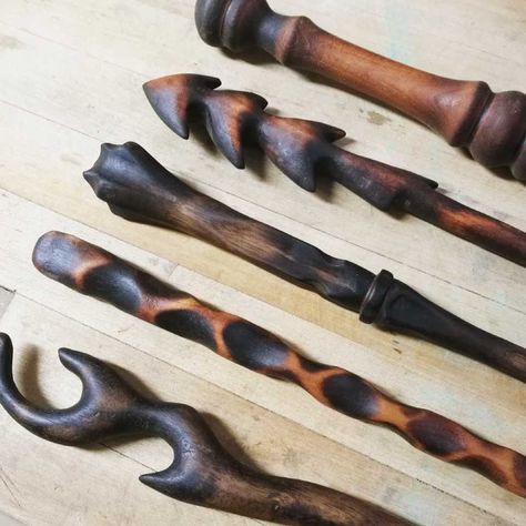 Burnt wands in Cherry and Black walnut wood Wand Carving, Wand Designs, Wood Staff, Wand Shop, Wood Wand, Wooden Staff, Wood Spoon Carving, Hand Carved Walking Sticks, Wooden Wand