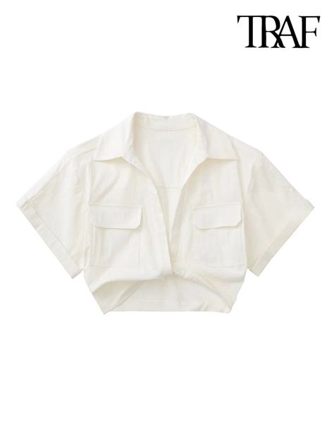 TRAF Women Fashion Front Knot Elastic Linen Cropped Shirts Vintage Short Sleeve Patch Pockets Female Blouses Blusa Chic Tops Front Knot Shirt, Short Sleeve Linen Shirt, Shirt Drawing, Linen Shirts Women, Tee Shirt Fashion, Cropped Shirts, Linen Crops, Chic Tops, Shirts Women Fashion