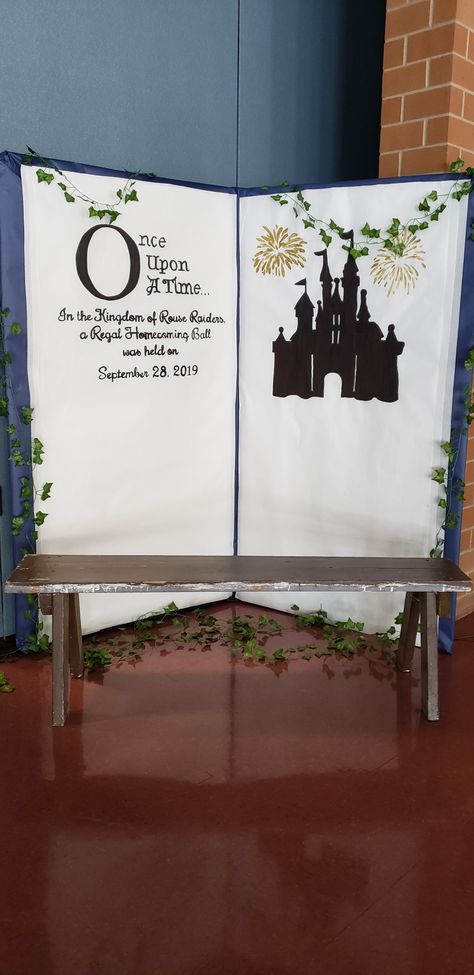 Hoco Dance Photo Spot that I made. The theme was "Once Upon a Time" Ball Theme Ideas Formal, Once Upon A Hoco Theme, Once Upon A Time Theme Decoration, Once Upon A Prom, Disney Concert Decorations, Fairytale Homecoming Decorations, Cinderella Homecoming Theme, Enchanted Dance Theme, Once Upon A Prom Theme