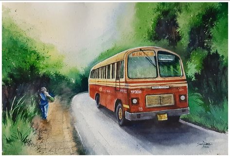 Watercolor painting ~ Kerala old KSRTC bus | Kerala's pride Kerala Village Life Paintings, Kerala Village Painting, Kerala Watercolor Paintings, Bus Watercolor Painting, Kerala Poster, Bus Watercolor, Kerala Village, Kerala Painting, Ksrtc Bus