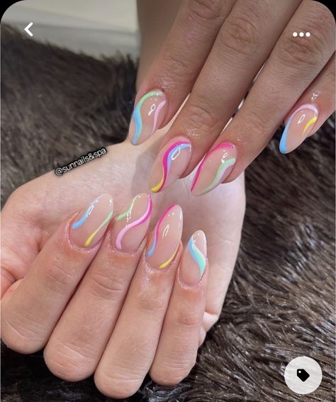 Nail Designs Festival, Festival Almond Nails, Rave Nails Almond, Neon Pink Almond Nails Design, Easy Festival Nails, Festival Nails Simple, Bright Festival Nails, Lollapalooza Nail Ideas, Festival Nails Almond