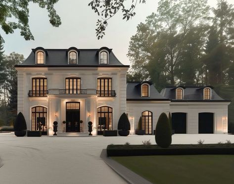 Modern Chateau House, Neoclassical House Exterior, White Picket Fence Ideas, Old Money Interior Design, Old Money Interior, Chateau House, Neoclassical House, Mansion Exterior, Fence Designs