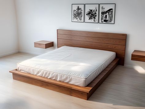 Bed No Bed Frame, Wooden Bed Frame Platform, How To Make A Queen Size Bed Frame, Making A Platform Bed, Low Platform Bed Japanese Style, Plaform Bed, Diy Guest Bed, No Frame Bed, Low Bed Design