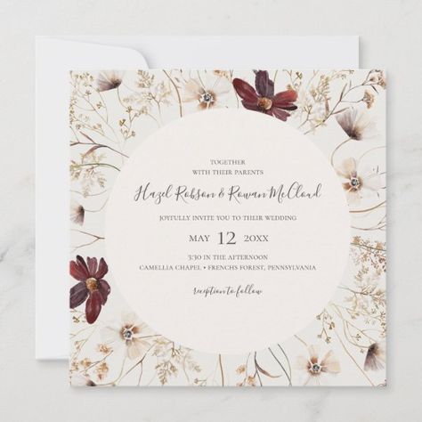 Bohemian Wreath, Pink Wildflowers, Square Wedding Invitations, Wedding Invitation Trends, Beige Square, Red Wedding Invitations, Autumn Invitations, Marsala Wedding, Country Garden Weddings