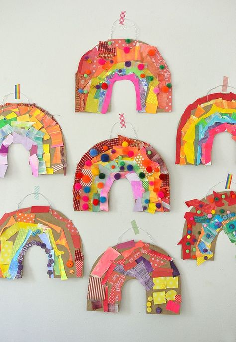 Children use colored collage material to make a rainbow from cardboard. Cardboard Rainbow, Rainbow Collage, Maluchy Montessori, Collage Material, Inspiration Bathroom, Remodel Inspiration, Aktivitas Montessori, Kindergarten Art, Art Activities For Kids