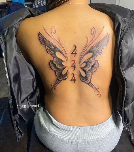 Pretty Tattoos For Women Neck, Butterfly Angle Number Tattoo, Wings Tattoo On Back Black Women, 444 With Butterfly Tattoo, 444 Tattoo Ideas With Butterfly, Angel Wings Tattoo On Back Black Women, Baddie Spine Tattoo Butterfly, Butterfly Neck Tattoo, Wing Tattoos On Back