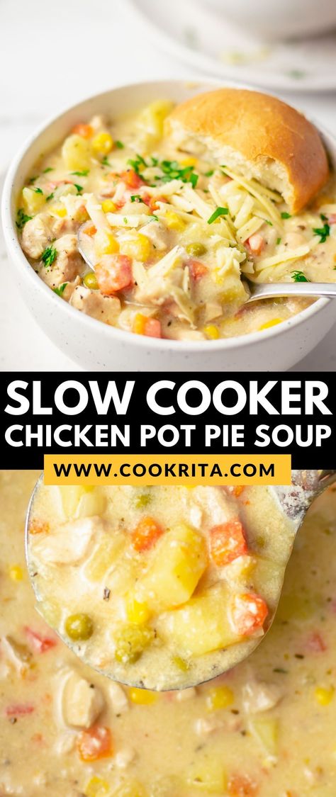 A delicious Crock Pot Chicken Pot Pie is thick, creamy, and is one of our favorite homemade chicken soups that is ridiculously easy to make. Just throw everything in a slow cooker before work in the morning, turn it on, and by the time you are home you have a hearty bowl of chicken soup waiting for you. Soup With Cream Of Chicken, Easy Chicken Pot Pie Soup, Chicken Soup Slow Cooker, Chicken Pot Pie Soup Recipe, Slow Cooker Chicken Pot Pie, Rotisserie Chicken Soup, Chicken Soup Crockpot, Crockpot Chicken Pot Pie, Chicken Soup Recipes Easy