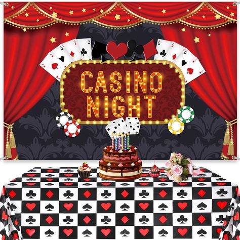 PRICES MAY VARY. Package Includes: you will get 1 piece of plastic casino tablecloth and 1 piece of happy birthday casino backdrop, the combinations are nice decorations for your themed parties, enough for you to build a cheerful party venue Large Size: the casino photography backdrop measures about 5 x 3 feet, the casino tablecloth measures approx. 108 x 54 inch, both of them are in a suitable size that is easy to use, and they are large enough to grab people's attention, the tablecover can als Poker Tablecloth, Game Night Party Decorations, Casino Backdrop, Night Party Decorations, Las Vegas Party Theme, Casino Theme Party, Game Night Party, Casino Birthday Party, Vegas Theme Party