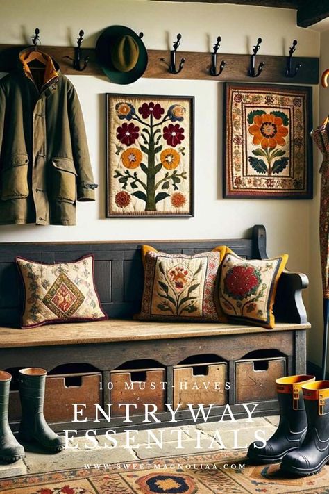 10 Must-Haves to Transform Your Entryway - Sweet Magnoliaa Hallway Ideas With Bench, Mudroom Ideas Entryway Apartment, Entryway Bench Next To Stairs, Cozy Small Entryway Ideas, Small Entryway Colors, Vintage Cottage Entryway, Entryway Wall Hook Ideas, Narrow Entryway With Stairs, Terra Cotta Entryway