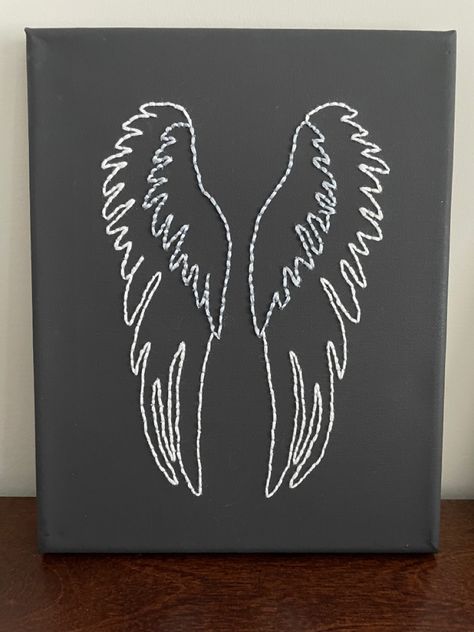 Angel wings embroidered on painted canvas Embroidery Angel Wings, Angel Wing Paintings On Canvas, Embroidered Angel Wings, Angel Wings Embroidery, Wings Embroidery, Punk Fashion Diy, Embroidered Canvas Art, Demon Wings, Feather Embroidery