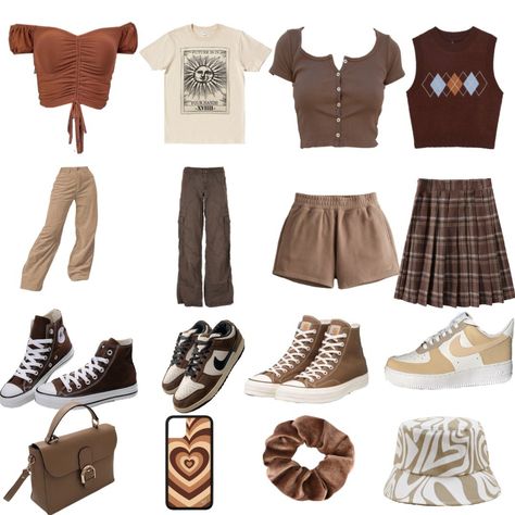 How To Style Brown Shorts, Brown Shorts Outfit Aesthetic, Brown Outfits Summer, Cute Outfits Brown, Aesthetic Brown Clothes, Light Brown Clothes, Soft Brown Outfit, Y2k Outfits Brown, Brown Summer Outfits