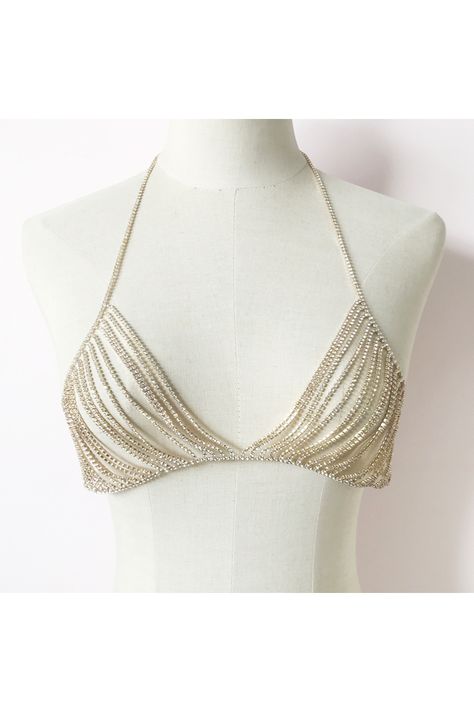 Gold Crystal Chain Bralette Top Gold Crystal Choker For Festivals, Glamorous Gold Crystal Body Chain, Gold Chainmail Top, Bralette Top, China Jewelry, Professional Jewelry, Crystal Chain, Bralette Tops, Gold Crystal