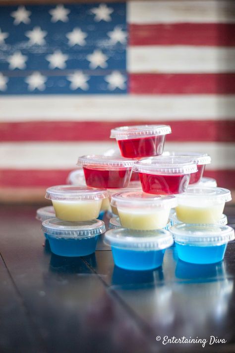 Jello Shots Memorial Day, 4th Of July Jello Shots With Tequila, Fourth Of July Jello Shots Alcohol, White Jello Shots Recipes, 4th Of July Pudding Shots, Red And White Jello Shots, Memorial Day Shots, Memorial Day Jello Shots, Fourth Of July Shots