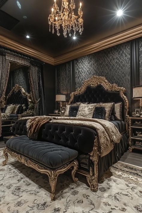 Gold Black Bedroom, Versace Decor, Black And Gold Bedroom, Opulent Bedroom, Gold Bedroom, Black Bedroom, House Furniture Design, Elegant Bedroom, Luxury Homes Interior