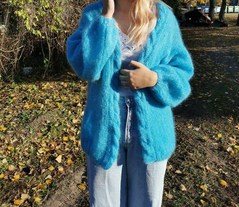 Excited to share the latest addition to my #etsy shop: Hand knit soft turquoise blue Kidmohair and Silk sweater cardigan #blue #knitted #autumn #natural #winter #warm #fluffy #soft #christmas https://etsy.me/3ExQrA8 Turquoise Cardigan Outfit, Long Blue Cardigan, Turquoise Cardigan, Soft Christmas, Soft Turquoise, Silk Sweater, Azul Tiffany, Warm Cardigan, Cardigan Outfits