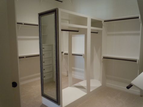 Master Closet Master Closet With Divider Wall, Convert Room Into Walk In Closet, Room Into Walk In Closet, Mirror Divider, Bedroom Into Closet, Modern Closet Designs, Closet Mirror, Middle Island, Closet Island