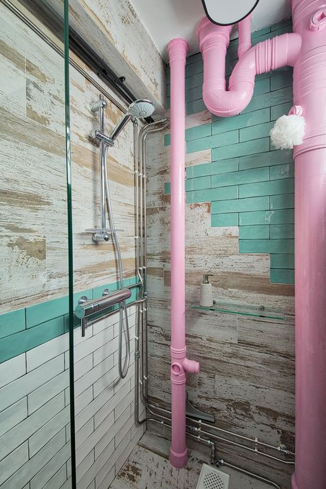 Discover These 5 Methods To Hide Ugly HDB Bathroom, Kitchen & Aircon Pipes - Style Degree Shower Tile Patterns, Modern Shower Tile, Hide Pipes, Geometric Tile Pattern, Toilet Tiles, Hiding Ugly, Shower Wall Tile, Rustic Tile, Tiles Ideas