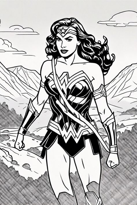 Dive into an exciting coloring journey with Wonder Woman standing strong in the midst of majestic mountains! Bring her vibrant costume to life using bright colors and create a breathtaking scene with the sky and hills. Let your creativity run wild as you color away! Perfect for fans of superheroes and nature scenes. Wonder Woman Coloring Pages, Woman Coloring Pages, Cat Superhero, Wonder Woman Design, Superhero Coloring Pages, Marvel Coloring, Superhero Coloring, Coloring Contest, Adventure Cat