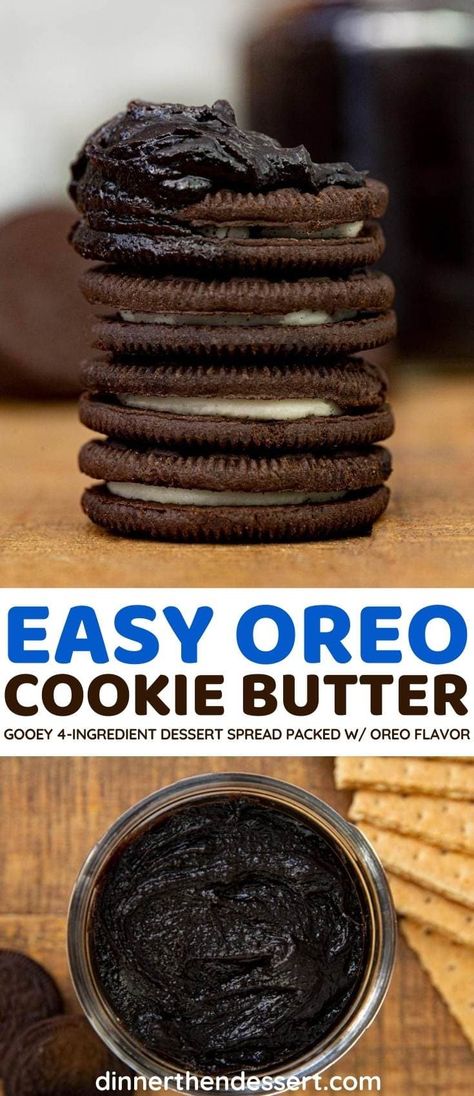 Oreo Cookie Butter is a chocolatey, gooey dessert spread perfect for gifting, an ice cream topping, or eating by the spoonful. #dessert #dessertspread #oreo #cookiebutter #icecream #topping #sweetbutter #dinnerthendessert Oreo Cream Filling, Oreo Butter, Oreo Cookie Butter, Oreo Peanut Butter, Butter Spreads, Peanut Butter Sheet Cake, Dubai Chocolate, Oreo Treats, Biscoff Recipes