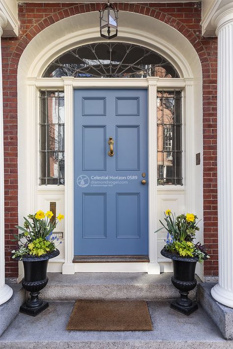 Blue front door with white trim and red brick exterior  Color: Celestial Horizon 0589 by Diamond Vogel Paint  This relaxing violet-blue that reaches to the heavens and delivers a low key vibe.  Use as a soft romantic accent or a pop of color to add mystery. Blue Front Door Red Brick House, Blue Door With Red Brick, Blue Front Door With Red Brick, Blue Door Red Brick House, Blue Door Brick House, Red Brick Front Door Color, Blue Front Door Brick House, Front Door Paint Colors With Red Brick, Red Brick House Front Door Colors