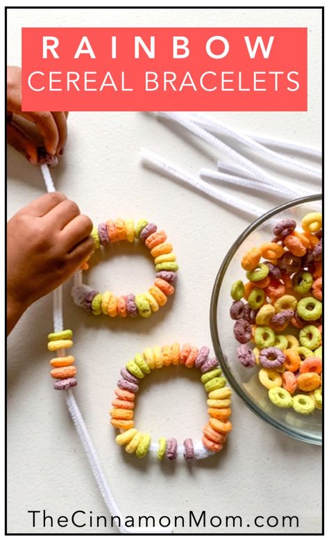 Cereal Bracelet Craft, Cheerio Arts And Crafts, Cheerios Necklace Activity, Cereal Necklaces For Kids, Cereal Crafts, Easy Preschool Snacks, Inclusion Activities, Nanny Ideas, Rainbow Snacks