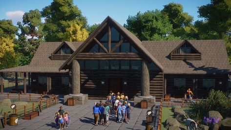 Latest addition to my franchise zoo, a log house restaurant with a surrounding Dall sheep habitat! hope you all like it! : PlanetZoo Planet Zoo Habitat Ideas Wolf, Planet Zoo Deer Habitat, Planet Zoo Staff Buildings, Planet Zoo Restaurant, Planet Zoo Building Ideas, Planet Zoo Buildings, Planet Zoo Habitat Ideas, Zoo Restaurant, Planet Games